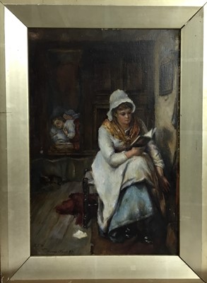 Lot 117 - After Thomas Faed (1826-1900) oil on board - "When the children are Asleep", inscribed, 29cm x 19cm, in gilt frame