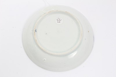 Lot 80 - Lowestoft blue and white saucer, circa 1765, relief moulded, with circular panels containing Chinese landscapes and a patterned border, 12.25cm diameter