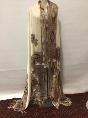 Lot 2112 - Large vintage printed paisley silk shawl, black knitted lace shawl,  gloves, reptile skin bags, Christian Dior jewellery case and accessories