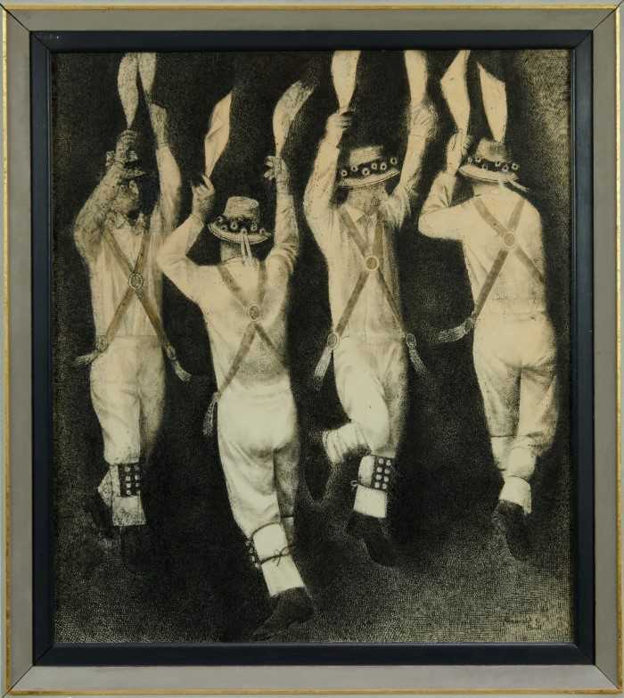 Lot 1088 - Reginald Brill ink and watercolour - Morris Dancers, signed, in glazed frame