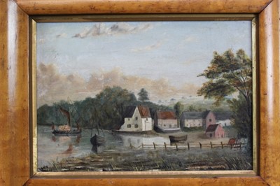 Lot 1084 - J. Crane 
A view of Pin Mill on the Orwell, oil on canvas, signed and dated 1885, 
in maple frame. 17 x 24cm.