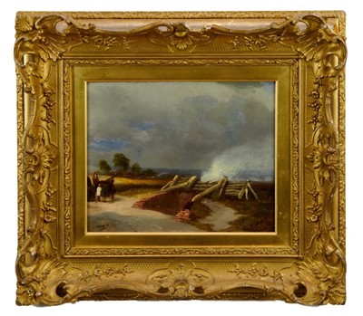 Lot 1085 - John Sell Cotman 1782 - 1842 
A landscape with rustic figures by a bridge, oil on canvas, signed, 
in gilt frame. Exhibition label verso. 25 x 31cm.