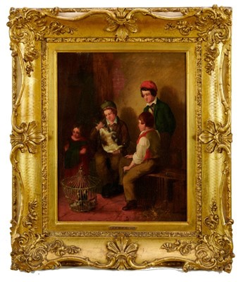 Lot 1289 - E.H. Bott (Jnr) 1849 
"The Exchange", children in an interior with a rabbit and two pigeons, 
oil on canvas, signed, inscribed and dated verso, in gilt frame. 
45 x 34cm.