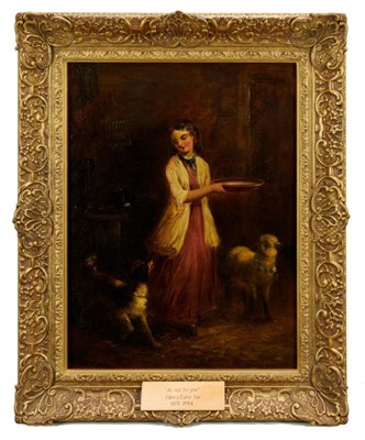 Lot 1288 - Henry Earp Snr. 1831 - 1914 
"It's Not For You", a stable interior with a girl, a lamb and a dog, 
oil on canvas, signed and dated 1856, in gilt frame. 54 x 40cm.