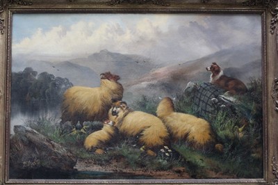 Lot 1283 - John W. Morris 1865 - 1924 
A hilly landscape with a sheep dog guarding sheep, oil on canvas, 
signed, in gilt frame. 49 x 76cm.