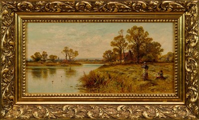 Lot 1280 - Alfred Augustus Glendening 1861 - 1907 
An extensive river landscape with children and their mother raking 
hay, oil on canvas, signed with initials and dated '89, in gilt frame. 
19 x 39cm.