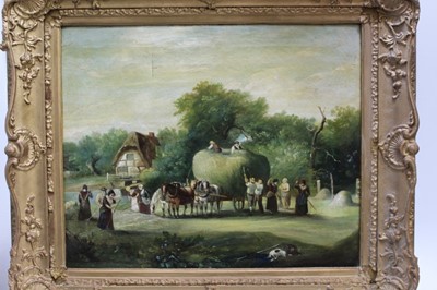 Lot 1282 - English School, 19th Century,  A hay making scene with many villagers loading a horse drawn 
wagon, in gilt frame. 49 x 59cm.