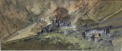 Lot 50 - Malcolm Edwards (20th century) mixed media, End of an era, Smowdonia, 17 x 38cm, glazed frame, Thompson's Gallery label verso