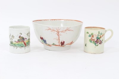Lot 106 - Liverpool bowl, circa 1780, polychrome decorated with Chinese figures, together with two Liverpool coffee cans, one with birds, the other with flowers (3)