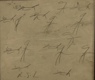 Lot 75 - Manner of Laurence Stephen Lowry (1887-1976) pencil sketch on paper stuck down onto board- stylised people and dogs, signed with initials, approximately 12 x 14cm, glazed frame