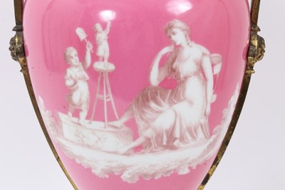Lot 109 - Victorian Minton-style ormolu-mounted pink-ground porcelain lamp, with monochrome classical scenes, total height 43.5cm