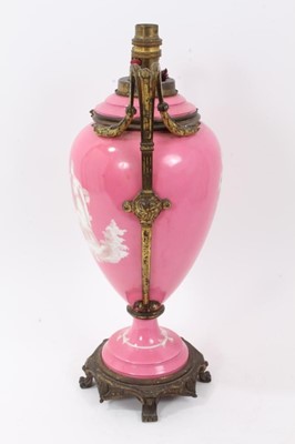 Lot 109 - Victorian Minton-style ormolu-mounted pink-ground porcelain lamp, with monochrome classical scenes, total height 43.5cm