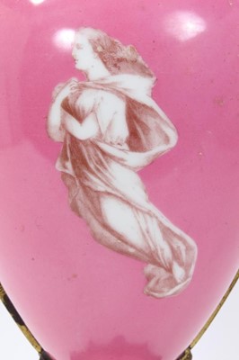 Lot 109 - Victorian Minton-style ormolu-mounted pink-ground porcelain lamp, with monochrome classical scenes, total height 43.5cm
