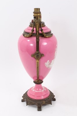 Lot 109 - Victorian Minton-style ormolu-mounted pink-ground porcelain lamp, with monochrome classical scenes, total height 43.5cm