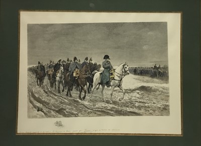 Lot 146 - After Messonier, hand coloured engraving of Napoleon and his entourage, inscribed to margin in pencil, image 33 x 51cm, glazed frame