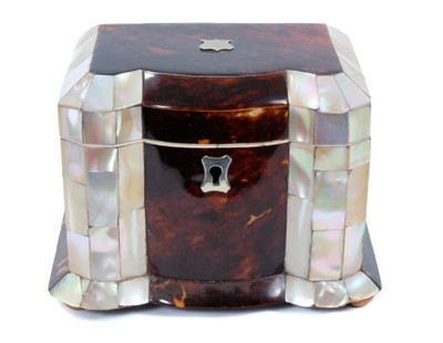 Lot 708 - George IV tortoiseshell and mother of pearl tea caddy of small size.