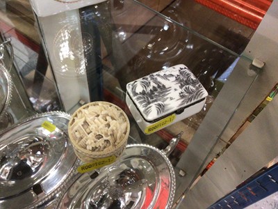Lot 45 - 19th century Canton carved ivory lidded box, housing mother of pearl gaming counters, together with a Chinese lidded box. (2)