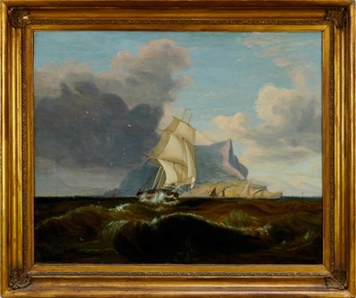 Lot 1231 - John Lynn (act.1826-1869) oil on canvas - British Frigate off Gibraltar, circa 1835, 49cm x 60cm, in gilt frame 
Provenance: Colin Denny Ltd. London