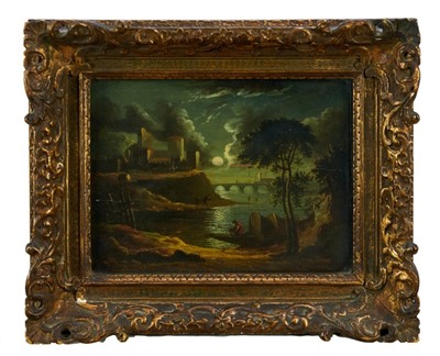 Lot 1194 - Continental School, early 19th century, pair of oils on panel - moonlit river landscapes, 20.5cm x 27.5cm, in glazed giltwood frames