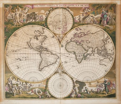 Lot 749 - Frederick De Wit - Nova Orbis Tabula, in Lucem Edita, late 17th century hand coloured engraved map of the world, with figural vignettes, total size 52 x 62cm