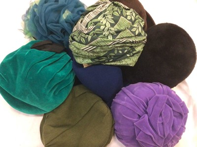 Lot 2106 - Ladies vintage hats. 1940's - 1960's period including felt, velvet, chiffon, mohair etc. Styles include turban, cloche. Makers names include Jacob, Webron and Chater.