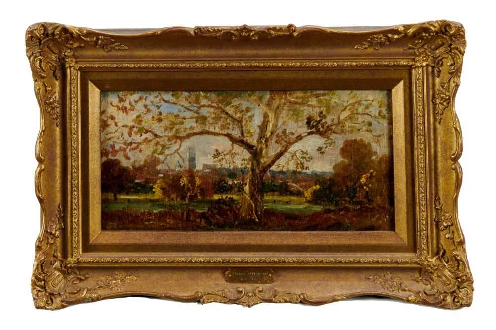Lot 1082 - Thomas Churchyard (1798-1865) oil on panel - View through trees, inscribed 'Anna' verso, 13.5cm x 28cm, in gilt frame