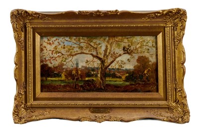 Lot 1082 - Thomas Churchyard (1798-1865) oil on panel - View through trees, inscribed 'Anna' verso, 13.5cm x 28cm, in gilt frame