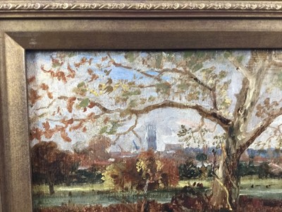 Lot 1082 - Thomas Churchyard (1798-1865) oil on panel - View through trees, inscribed 'Anna' verso, 13.5cm x 28cm, in gilt frame