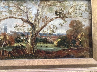 Lot 1082 - Thomas Churchyard (1798-1865) oil on panel - View through trees, inscribed 'Anna' verso, 13.5cm x 28cm, in gilt frame