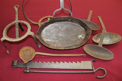 Lot 827 - Collection of antique wrought iron fireside equipment