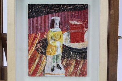 Lot 1879 - Jonathan Christie (1968-2013) mixed media on board - "Boy with Red Cup", 16cm x 13cm, in glazed frame
