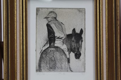 Lot 1895 - M. B. late 20th century, signed limited edition etching - Jockey and Horse, 88/150, dated '88, 18cm x 13cm, in glazed gilt frame