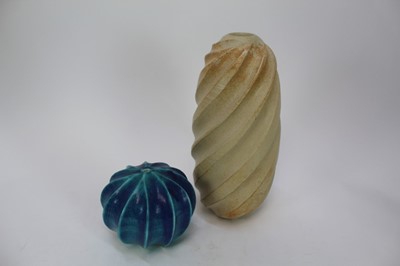 Lot 1929 - Two studio pottery vases by Usch Spettigue, one of ovoid form with a spiral pattern, the other blue-glazed and resembling a sea urchin