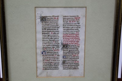 Lot 1944 - 14th century French breviary leaf, framed and glazed, the leaf 13.5cm x 9cm