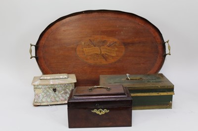Lot 1953 - Large 19th century mahogany inlaid tray, together with a Victorian mahogany stationery box, a mother of pearl tea caddy and a toleware stationery box (4)