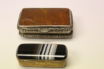 Lot 2740 - Georgian Moss Agate snuffbox with silver plated mounts together with a brass and Agate match holder (2)
