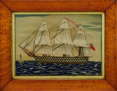 Lot 1907 - Good pair of 19th century sailor's woolworks of ships in maple frames, 51.5 x 65.5cm including frame