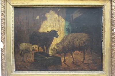 Lot 1228 - Louis Marie Dominique Robbe (1806-1887) oil on panel - sheep in a barn, signed, 41cm x 56cm, in gilt frame