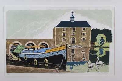 Lot 647 - Penny Berry Paterson (1941-2021) three framed signed colour linocut prints - Custom House Peterborough, 19/22, 51cm x 82cm , ‘No Longer Busy’ and ‘Elvas Aquaduct’.