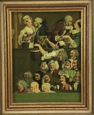 Lot 2024 - Jenny Simpson (1931-2020), Georgian-style glass pictures, framed and glazed - one entitled 'La belle chocolatiere', and two Hogarth pictures (3)