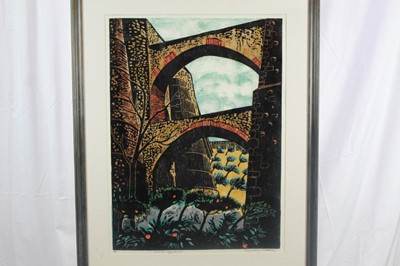 Lot 84 - Penny Berry Paterson (1941-2021) signed limited edition woodcut - Elvas Aquaduct, 4/5, 78.5cm x 58cm in glazed frame
