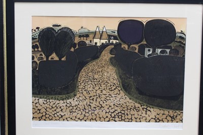 Lot 1292 - *Graham Clarke (born 1941) - linocut in colours 'Sepham Oast Houses', signed and numbered 5/100, 48cm x 65.5cm.