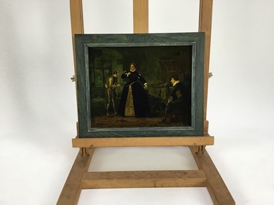 Lot 2031 - Jenny Simpson (1931-2020), Georgian-style glass pictures, framed and glazed - seven pictures, including genre and history scenes