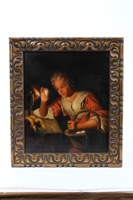 Lot 1229 - Continental School, 19th century oil on copper, studying an egg by lamp light, 20 x 17cm, framed