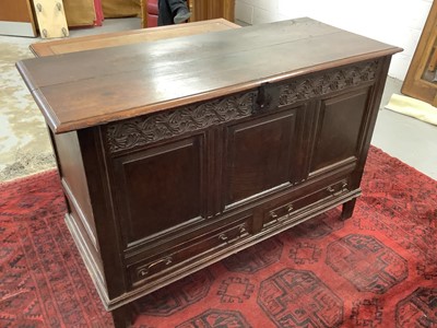Lot 1553 - Late 17th / early 18th century carved oak mule chest, with hinged top over carved frieze and triple panel front, two moulded drawers on stiles