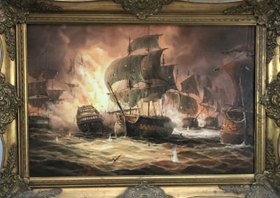 Lot 219 - James Hardy, 20th century, an extensive sea battle by night, signed, oil on canvas laid on board