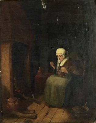 Lot 96 - Follower of Teniers, 19th century, oil on panel, Seated figure in an interior, 24.5 x 19cm, gilt frame