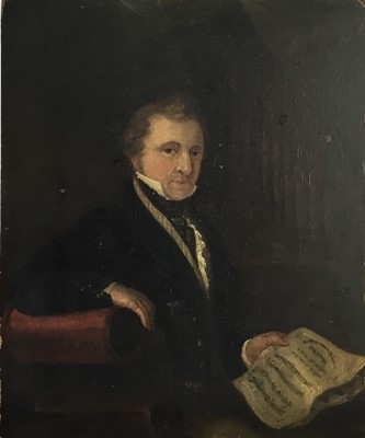 Lot 101 - English School, circa 1830, half length portrait of a Gentleman seated before an organ with music manuscript in hand, indistinctly inscribed in pencil verso, 30 x 23cm