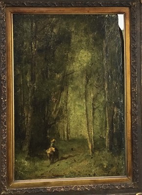 Lot 102 - Continental School, 19th century, oil on panel, figure in woodland, indistinctly signed, 27 x 20cm, gilt frame