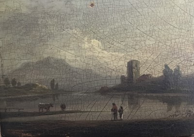 Lot 105 - 18th century oil on panel, figures before a lake, 11.5 x 16.5cm
